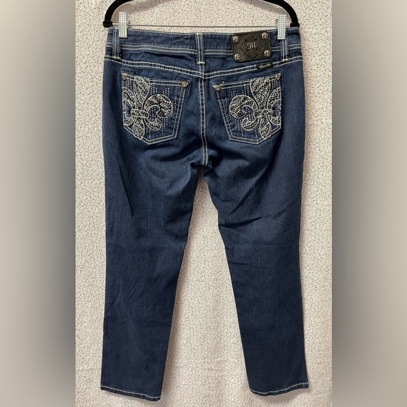 MISS ME Easy Skinny JE5735ESN Fleur de Lis Stretch BLING Dark Wash | size 28 - Picture 6 of 7